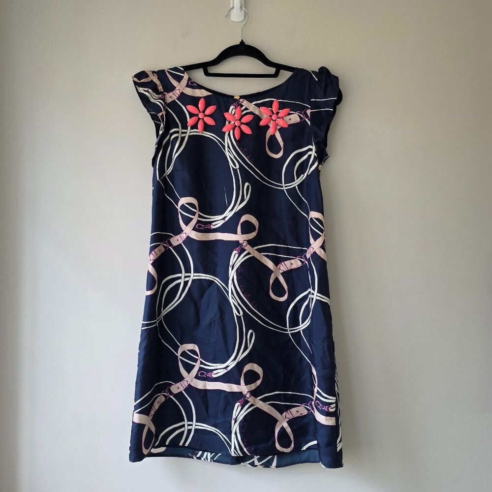 Sail to Stable STS Silk Sheath Dress | Size 4 | Ruffle Cap Sleeve Floral Beads